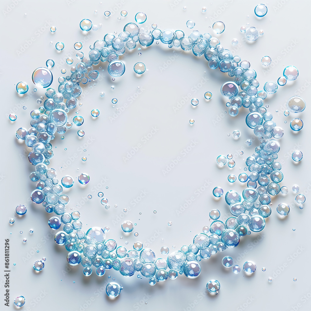 Blue bubbles in circle on plain background, space in the middle