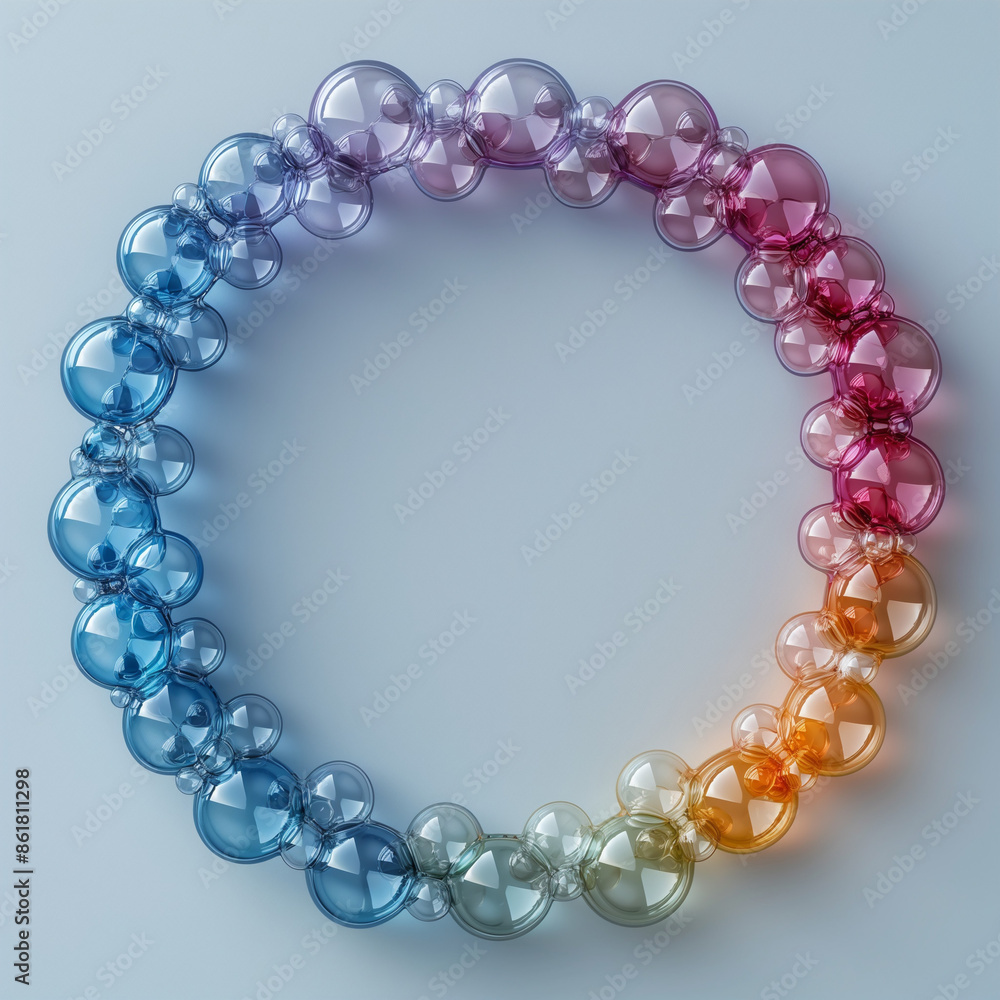 Fototapeta premium Multicolored bubbles in circle on plain background, space in the middle