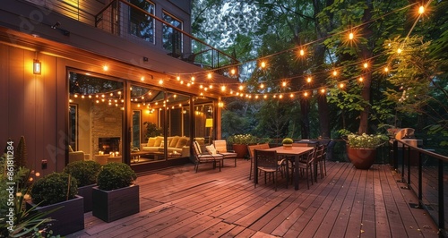 Cozy Evening Patio With Wicker Furniture and String Lights © olegganko