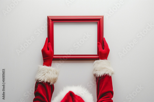 Santaclus hangs a red frame on the wall photo