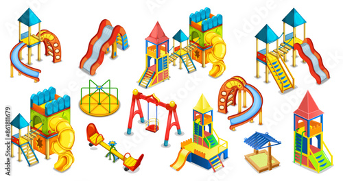 Kids playground set. Equipment for playing. Playhouse. Slides, swings and roundabout.

