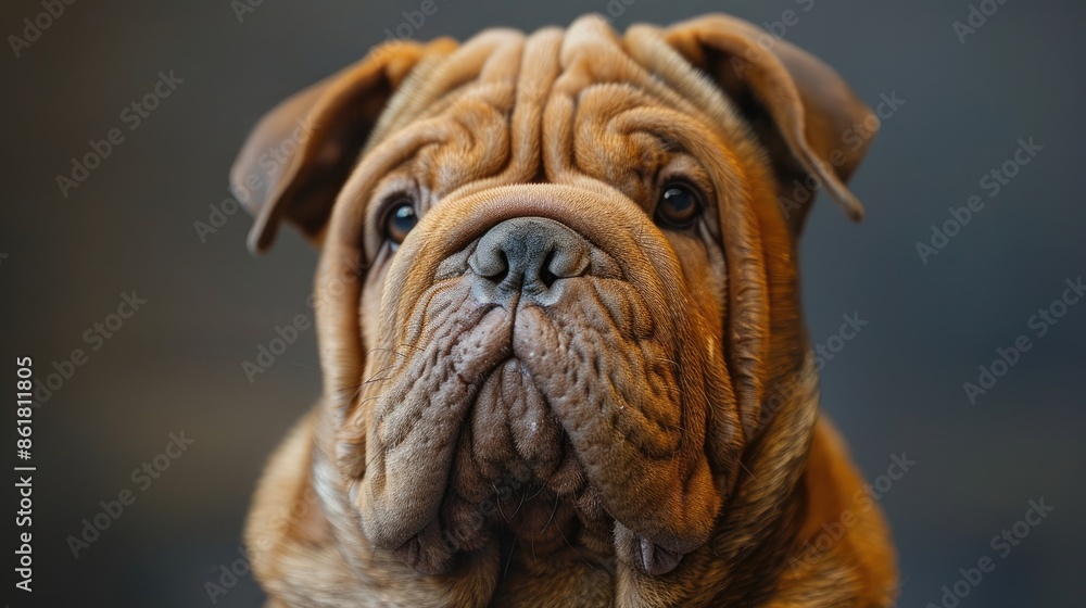 Close-up portrait of a brown bulldog with wrinkled face and sad eyes, looking directly at the camera. Close-up portrait of a brown bulldog with wrinkled face and sad eyes, looking directly at the camera.