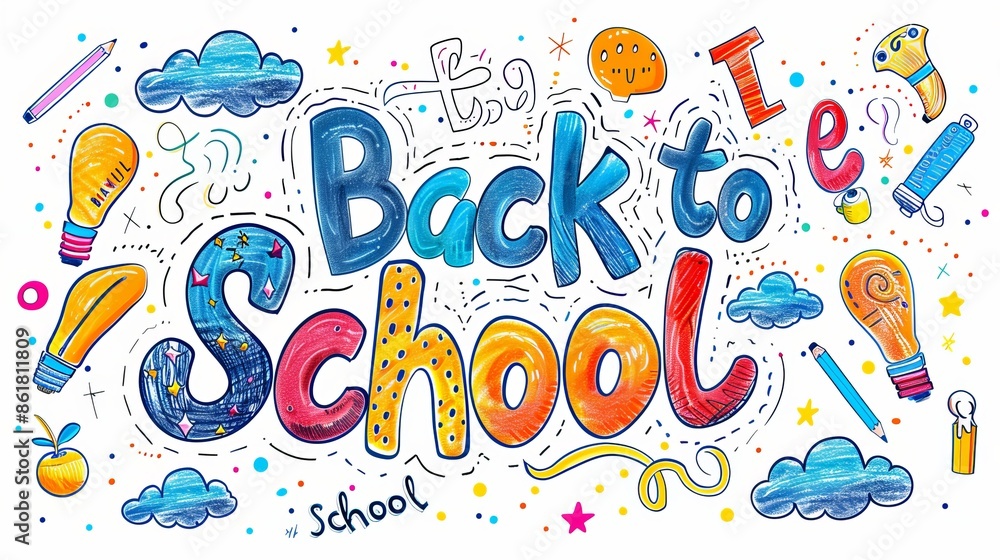 Start School Concept: Supplies on Desk with Rocket Drawn on Blackboard Start School Concept: Supplies on Desk with Rocket Drawn on Blackboard
