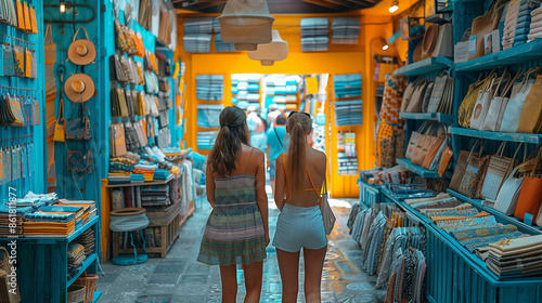 two girls in local gift shop / small market with souvenirs; turists buying summer items localy; small buissnes; inside small store
