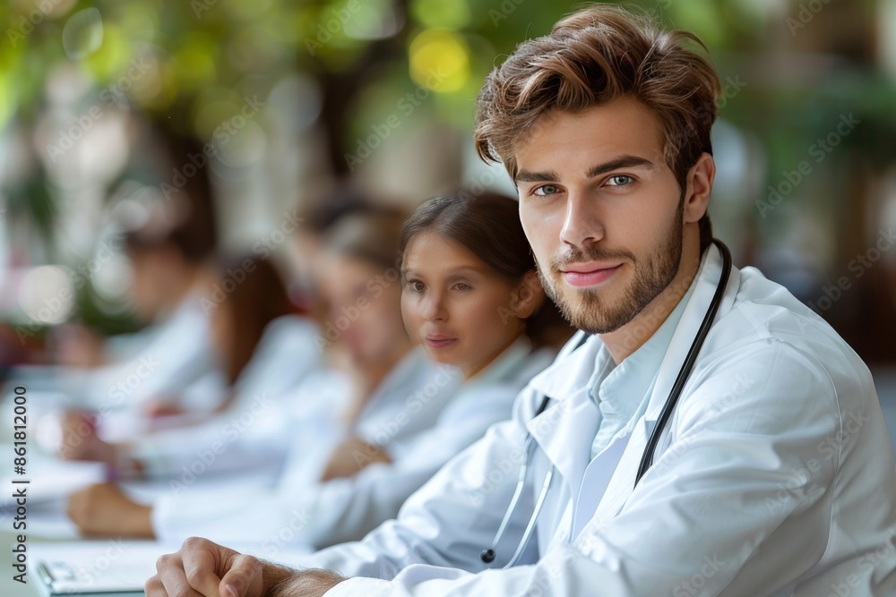 Male Medical Student Sitting in Classroom With Other Students Male Medical Student Sitting in Classroom With Other Students