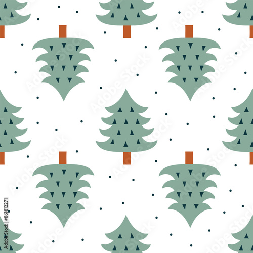 Seamless pattern of pine trees on whitevbackground with dots. Woodland forest. Vector illustration in scandinavian style.