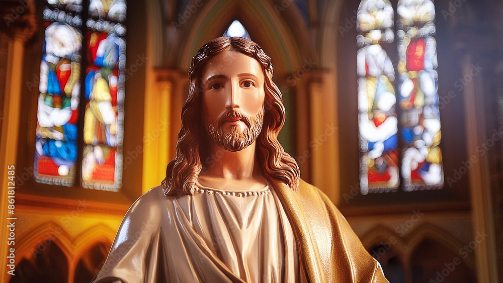 Naklejka premium Jesus Christ. Statue of Jesus in a church, stained glass in background.