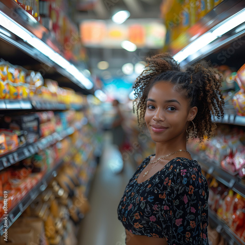 smiling woman shopping in supermarket; african american teenager shopping in grocery store; smiled girl looking directly at the camera; young girl in her 16s 18s 20s 21s in mall; copy space