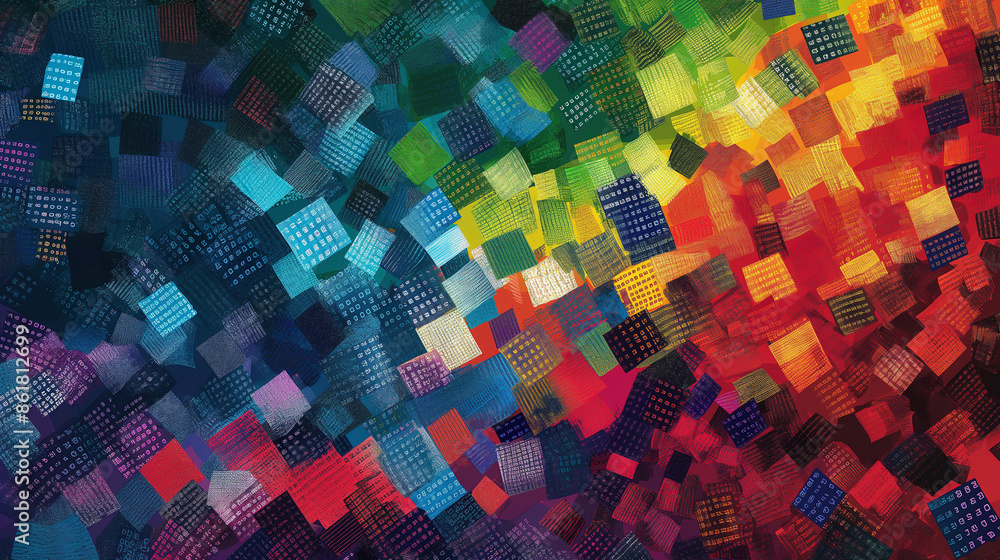 A colorful abstract painting with squares of different colors A colorful abstract painting with squares of different colors