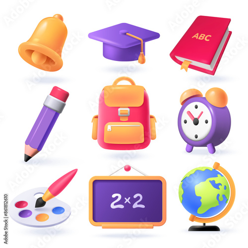 School icons collection in 3d style. Set of education objects and items - school backpack, book, pencil,bell, globe, chalkboard, student cap, etc. Elements for your design. Vector illustration.