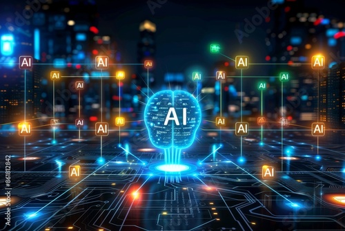 Wallpaper Mural High tech city with central AI hub surrounded by glowing digital pathways symbolizing advanced artificial intelligence and interconnected urban technology systems Torontodigital.ca