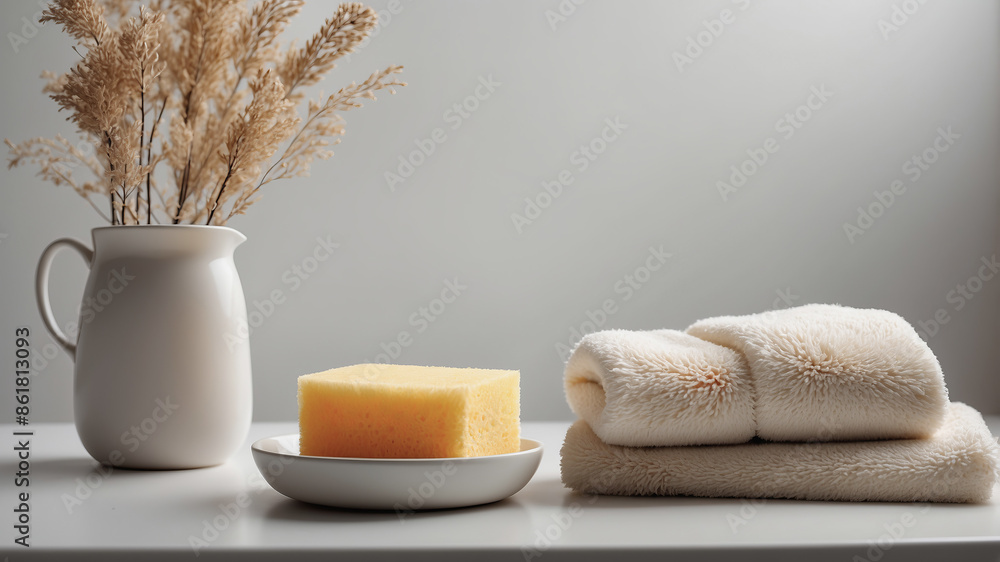 A washcloth, a sponge for washing the body and a towel lie in the bathroom, bath accessories. A washcloth, a sponge for washing the body and a towel lie in the bathroom, bath accessories.