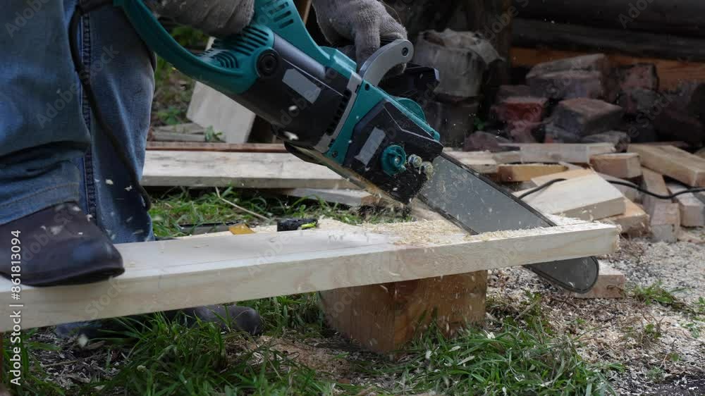 Hands of a builder operating an electric chainsaw to cut wood for house construction. Hands of a builder operating an electric chainsaw to cut wood for house construction.