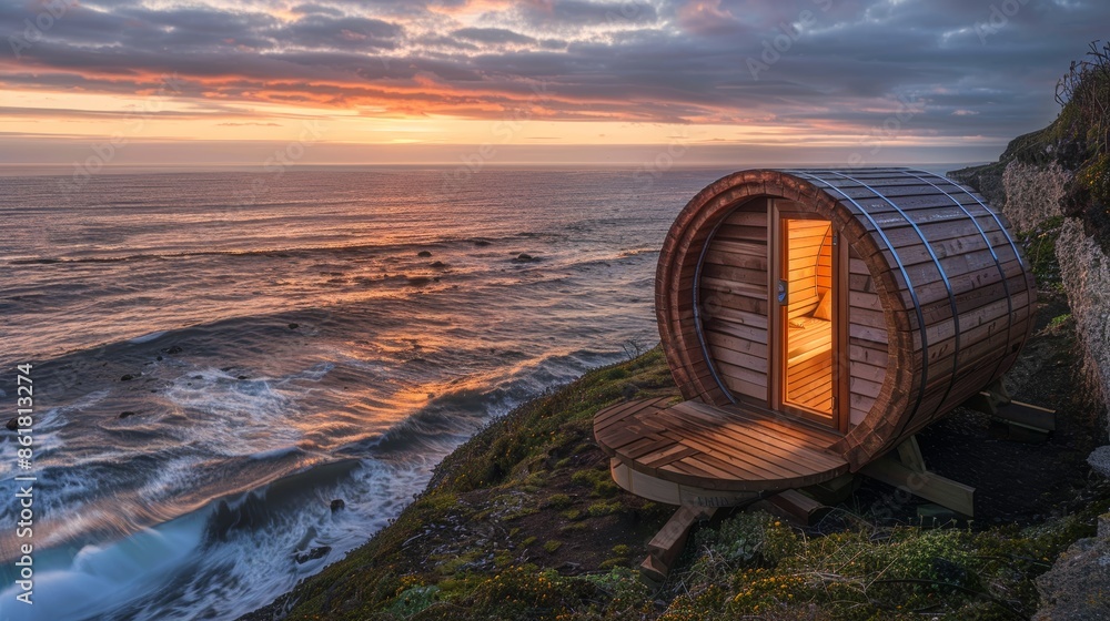 Fototapeta premium Oceanfront Wooden Barrel Sauna Overlooking Cliffside at Sunset - Perfect for Relaxation and Scenic Retreats