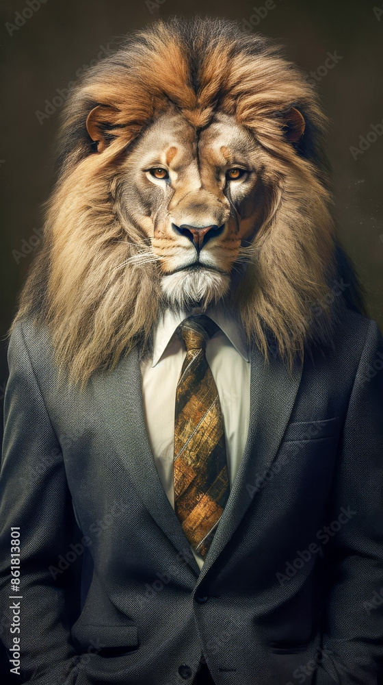 Artistic portrait of a lion wearing a business suit and tie symbolizing strength and leadership in a professional context Artistic portrait of a lion wearing a business suit and tie symbolizing strength and leadership in a professional context
