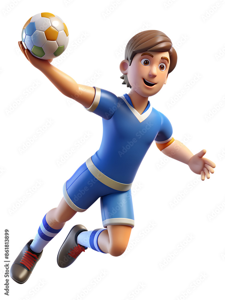 A 3D cartoon soccer player leaps through the air, his blue uniform a vibrant contrast against the white background. He holds a soccer ball in his hand, ready to make a play A 3D cartoon soccer player leaps through the air, his blue uniform a vibrant contrast against the white background. He holds a soccer ball in his hand, ready to make a play