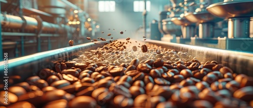 Coffee beans on a conveyor belt in a factory.