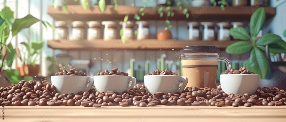 Coffee beans scattered around white cups, with a glass of coffee in the background. Coffee beans scattered around white cups, with a glass of coffee in the background.