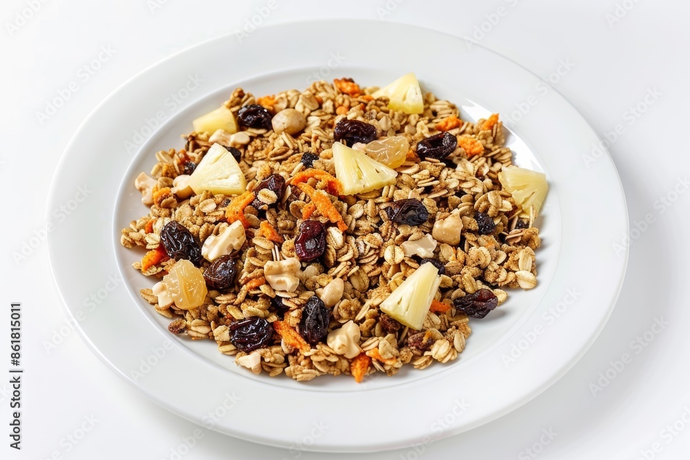 Exquisite Presentation of Carrot Cake Granola on White Plate Exquisite Presentation of Carrot Cake Granola on White Plate