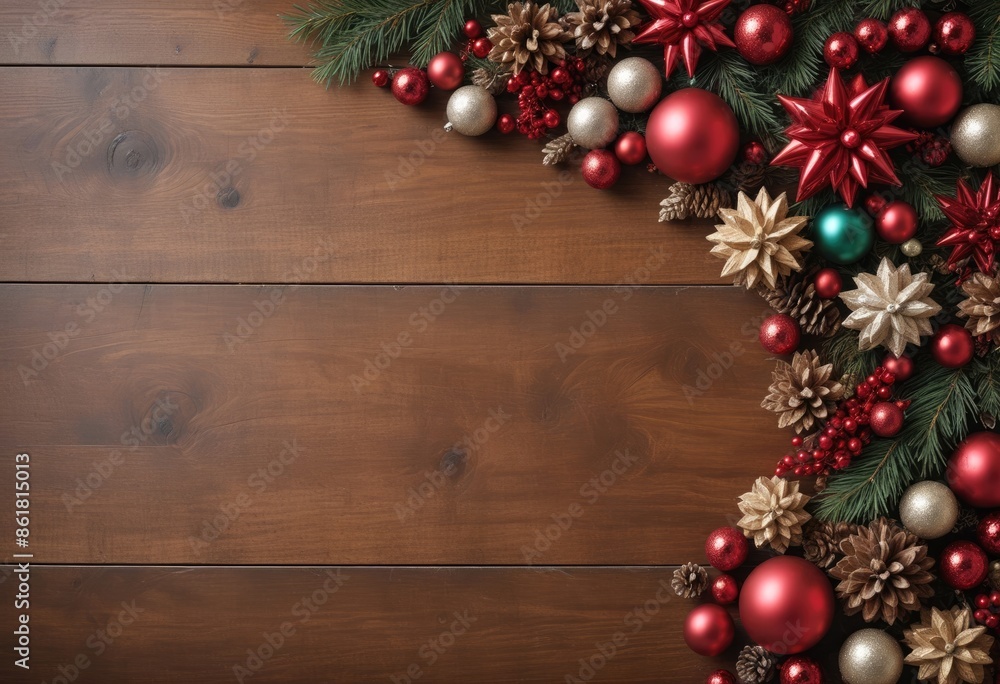 Realistic Christmas wooden background with red ribbons, fairy lights, pine trees and Christmas decoration Realistic Christmas wooden background with red ribbons, fairy lights, pine trees and Christmas decoration