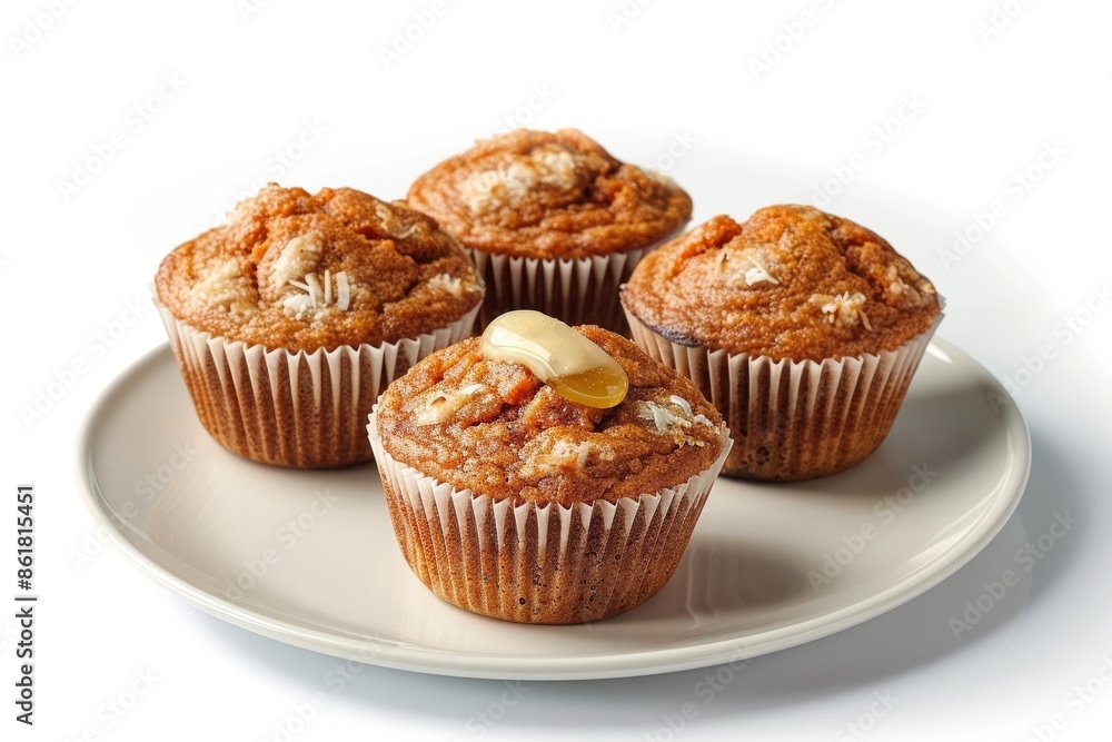 Moist Carrot Coconut Muffins with Honey Butter on White Plate Moist Carrot Coconut Muffins with Honey Butter on White Plate