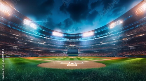 Night Baseball Game in Illuminated Stadium with Packed Enthusiastic Crowd - Perfect for Sports Enthusiasts
