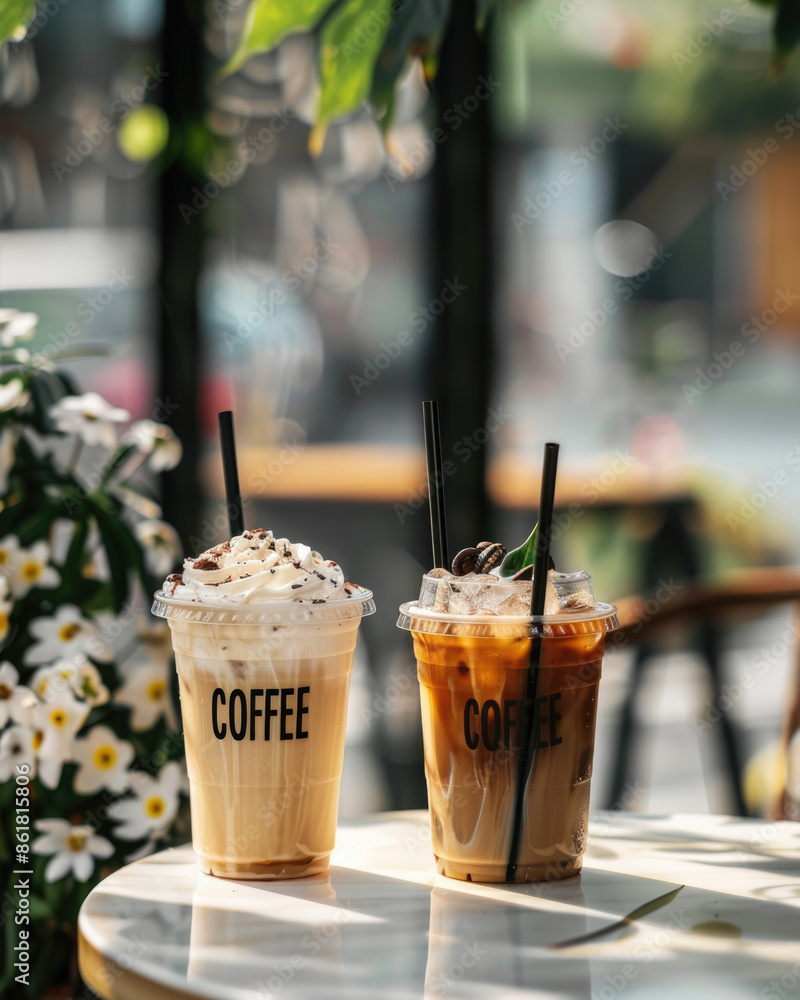 A photo of two glasses with iced coffee and cream on the table A photo of two glasses with iced coffee and cream on the table