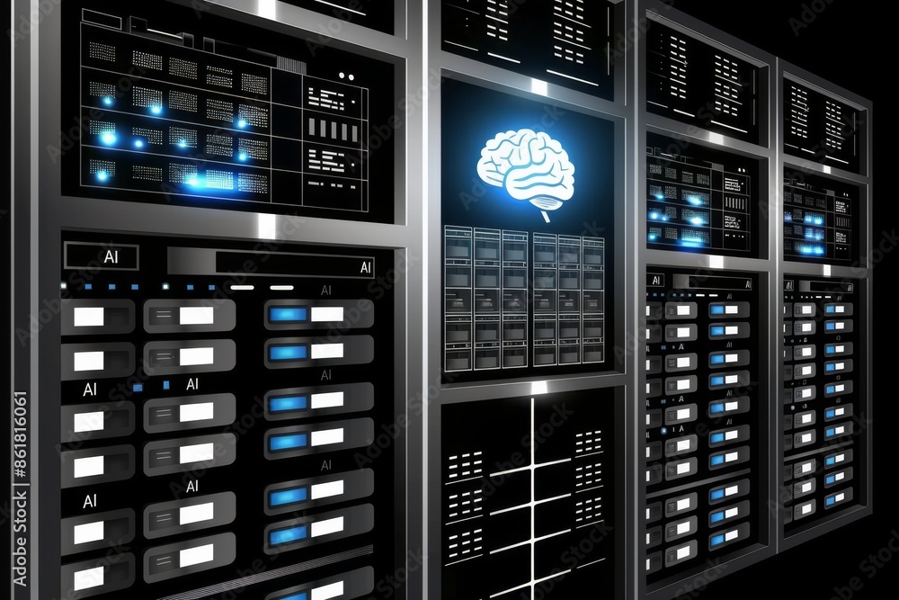AI data center with glowing neural network patterns on servers ...