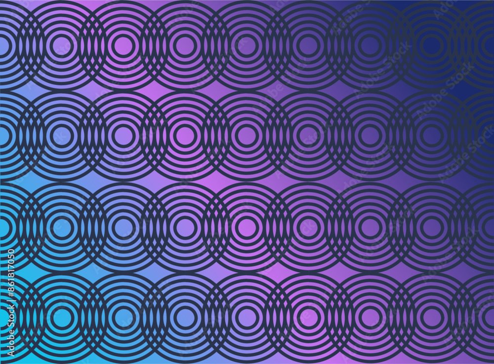 Hypnotic geometric pattern with concentric circles. Abstract blue and purple overlap circle background