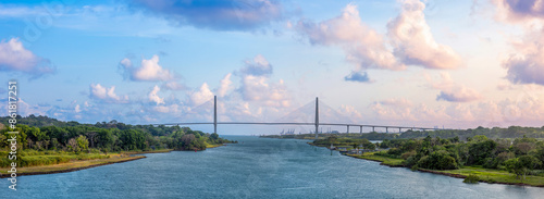 Panama Canal with locks connecting Atlantic and Pacific for global commerce shipments navigation photo