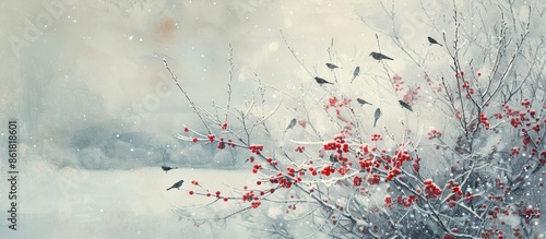 Fototapeta Naklejka Na Ścianę i Meble -  Birds, such as cranberries, gather at a feeding station in Hokkaido during winter, creating a picturesque scene with open space for text or graphics. Copy space image