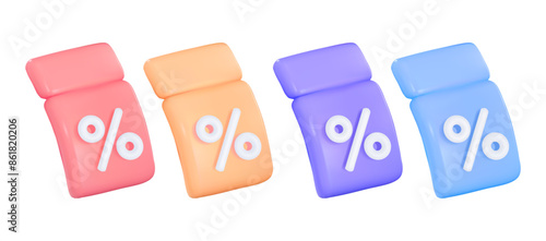 Bright coupons: red, orange, purple and blue. 3D icons can be used to draw attention to discounts, promotions and cashback programs. Bright color icons with a percentage symbol for marketing campaigns