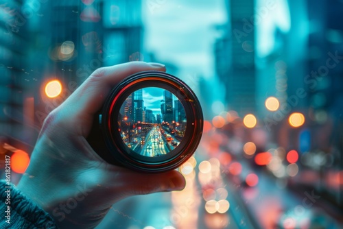 Vibrant cityscape through lens with bokeh effect, skyscrapers, traffic lights in high resolution