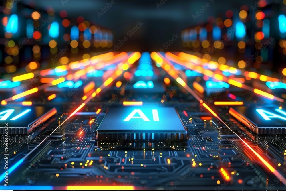 Glowing AI signs on a high tech circuit board symbolizing advanced artificial intelligence and digital innovation in electronic components Glowing AI signs on a high tech circuit board symbolizing advanced artificial intelligence and digital innovation in electronic components