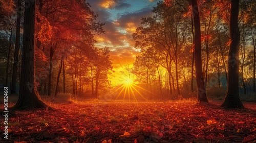Autumn forest landscape, orange golden foliage, fall wallpaper