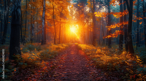 Autumn forest landscape, orange golden foliage, fall wallpaper © staras