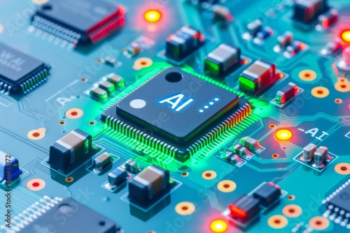 High tech AI circuit board with glowing elements symbolizing advanced artificial intelligence in electronic components and digital innovation