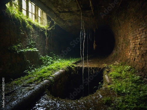 Abandoned underground tunnel, its moss-covered brick walls revealing passage of time. Sunlight filters through broken windows, illuminating overgrowth. Curved path leads into darkness. photo