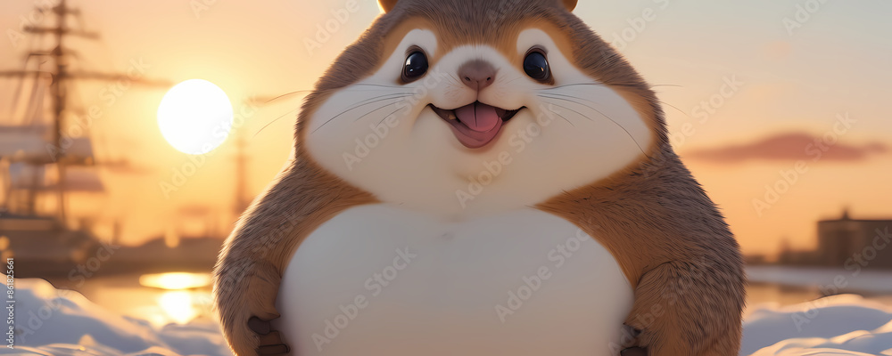 Fototapeta premium fat cute squirrel with sunset in background. Extremely detailed high resolution illustration