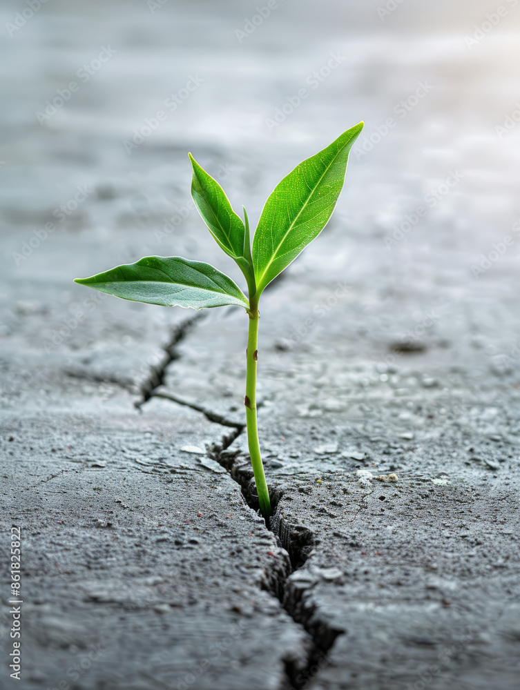 Small plant growing through a crack in asphalt Small plant growing through a crack in asphalt
