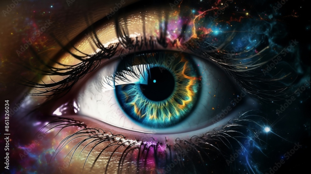 A vivid close-up of an eye with cosmic patterns and vibrant colors creating a deep, mesmerizing effect. A vivid close-up of an eye with cosmic patterns and vibrant colors creating a deep, mesmerizing effect.
