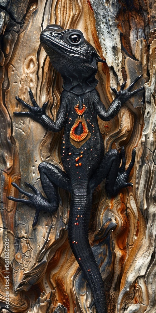 Obraz premium Black Lizard with Vibrant Spots on Textured Surface. Generative ai.