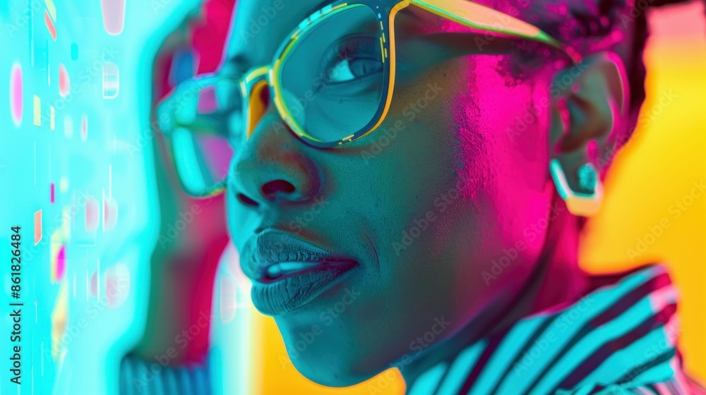 Obraz premium Close-Up Neon Portrait of Woman in Glasses. Generative ai.