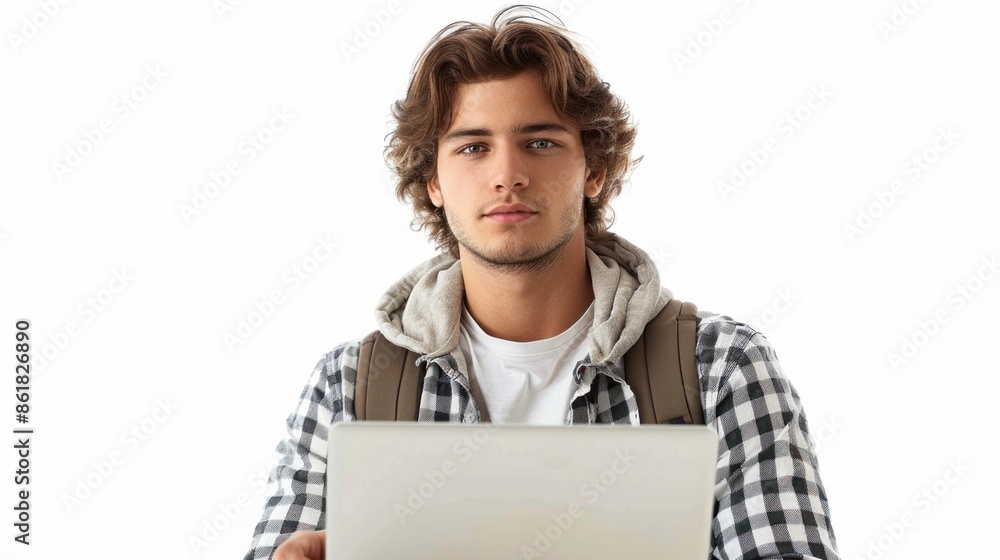 Young Man in Hoodie Working on Laptop. Generative ai. Young Man in Hoodie Working on Laptop. Generative ai.