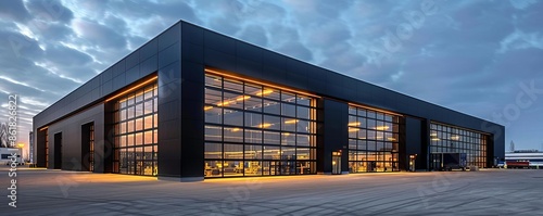 Modern black warehouse exterior with glass windows at dusk, wide angle, photorealistic, high resolution photography