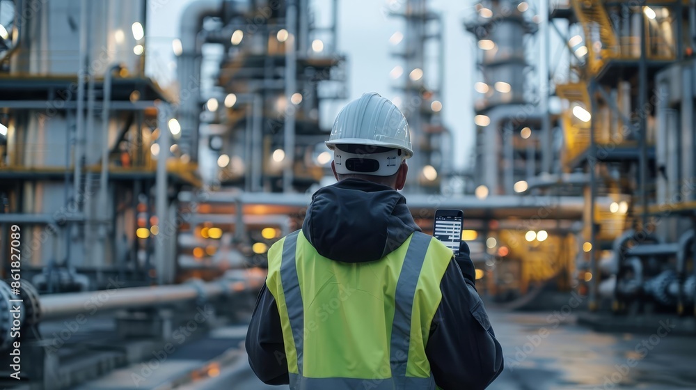 Back view of a male industrial engineer wearing a white helmet and yellow vest using a cellphone in front of a big oil production plant Wide angle shot of the photo taken from behi Back view of a male industrial engineer wearing a white helmet and yellow vest using a cellphone in front of a big oil production plant Wide angle shot of the photo taken from behi