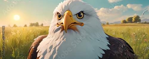 comic eagle with sunset in background. High resolution manga illustration photo