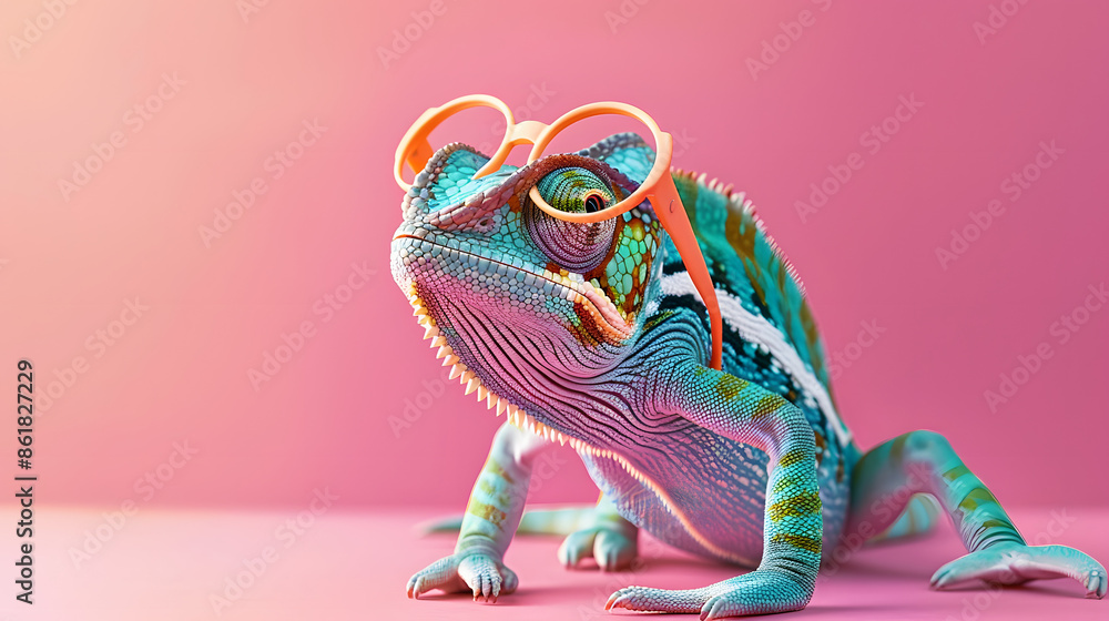 Obraz premium Colorful chameleon lizard in stylish pink glasses posing on matching pink background, trendy and vibrant fashion accessory concept for beauty and art enthusiasts