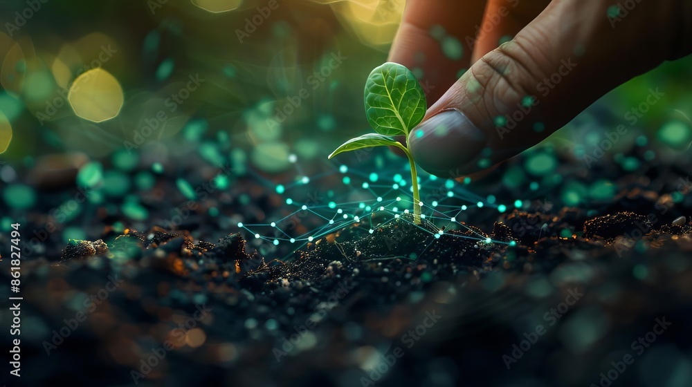 Fototapeta premium Hand planting a young green plant with glowing digital connections in the background