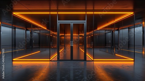 3d render of glass server room with orange light, black background, front view, perspective